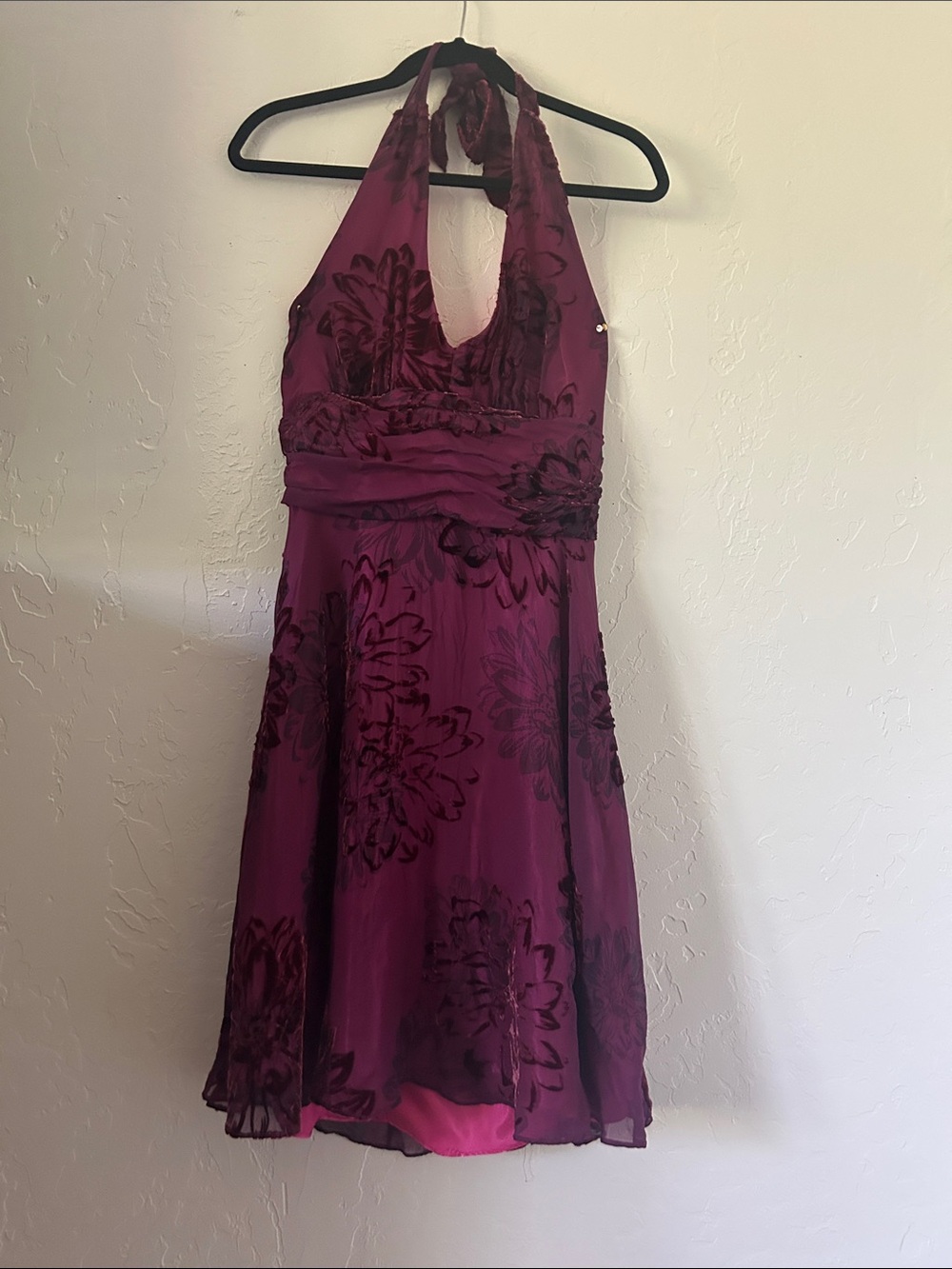 Robbie Bee Halter Dress in Plum with Black Floral Burnout